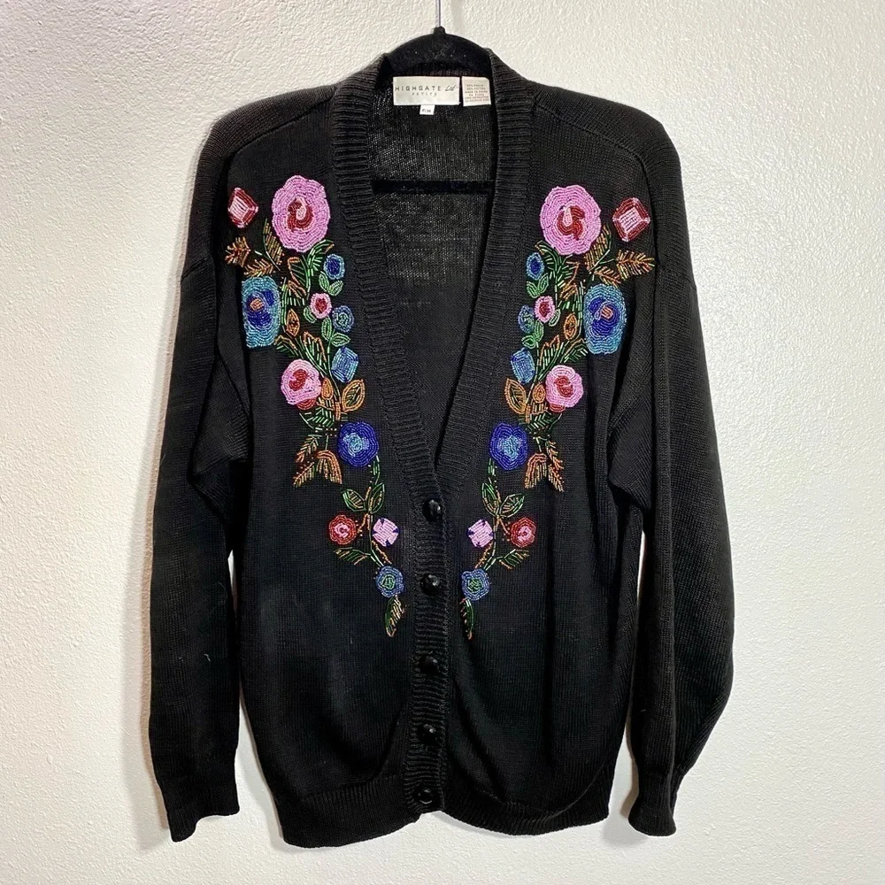 Highgate LTD Petite Vintage floral beaded knit button up cardigan size MP